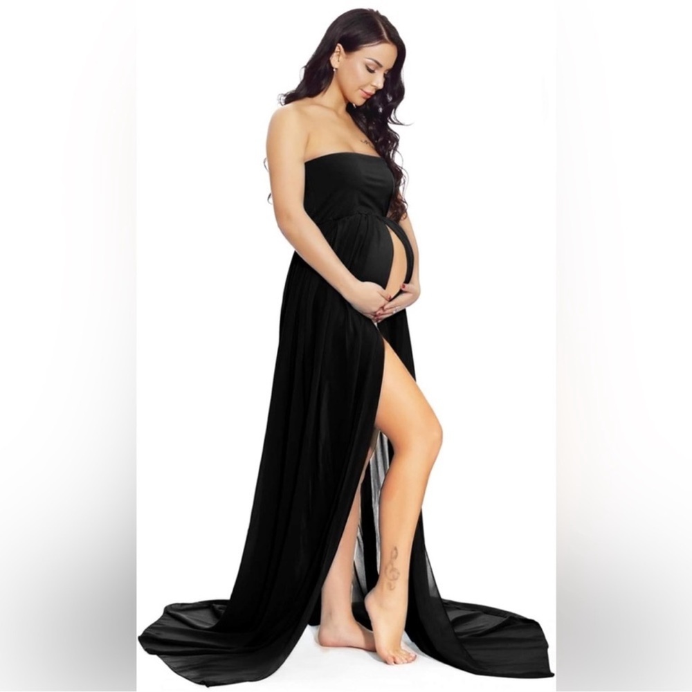 Maternity Chiffon Strapless Maxi Photography Dress Split Front Gown OS